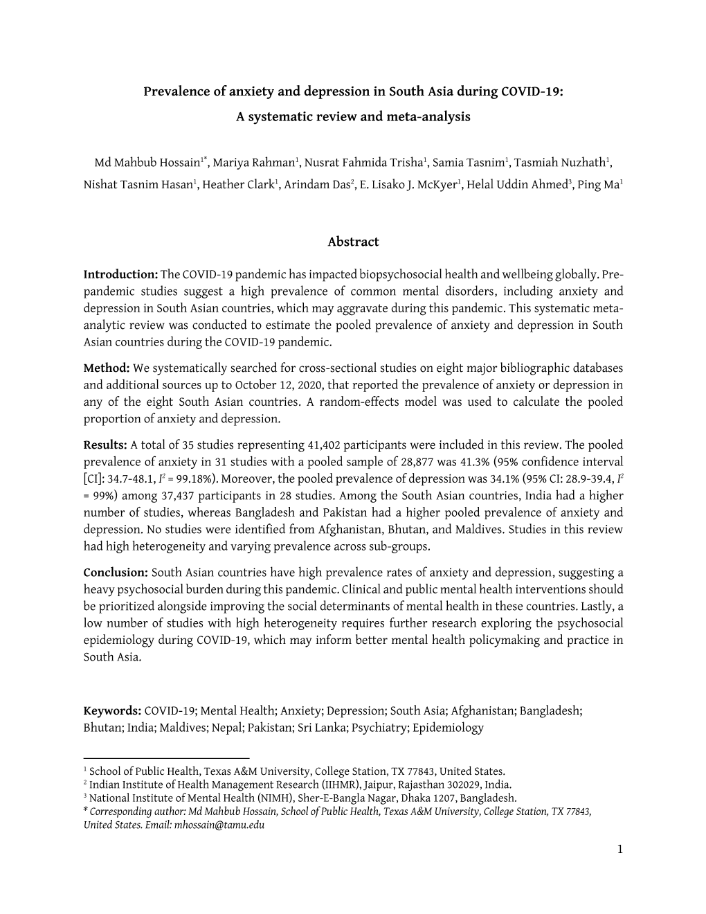 1 Prevalence of Anxiety and Depression in South Asia During