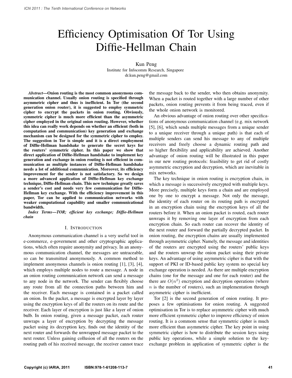 Efficiency Optimisation of Tor Using Diffie-Hellman Chain