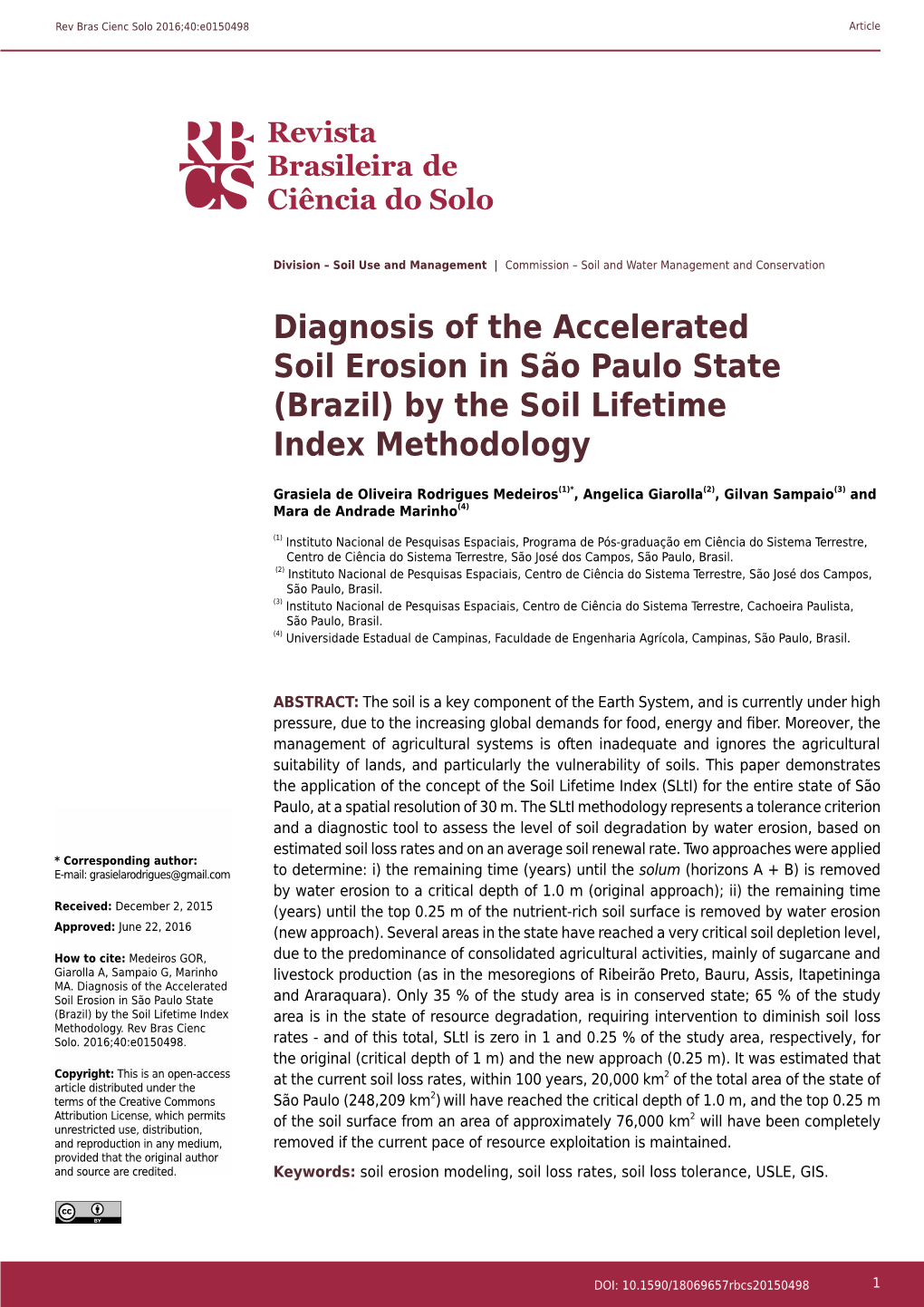 Diagnosis of the Accelerated Soil Erosion in São Paulo State (Brazil) by the Soil Lifetime Index Methodology