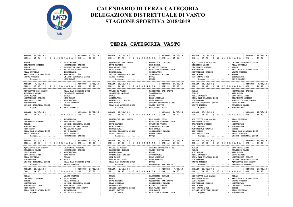 Calendario Di Terza Categoria Delegazione Distrettuale Di Vasto Stagione Sportiva 2018/2019