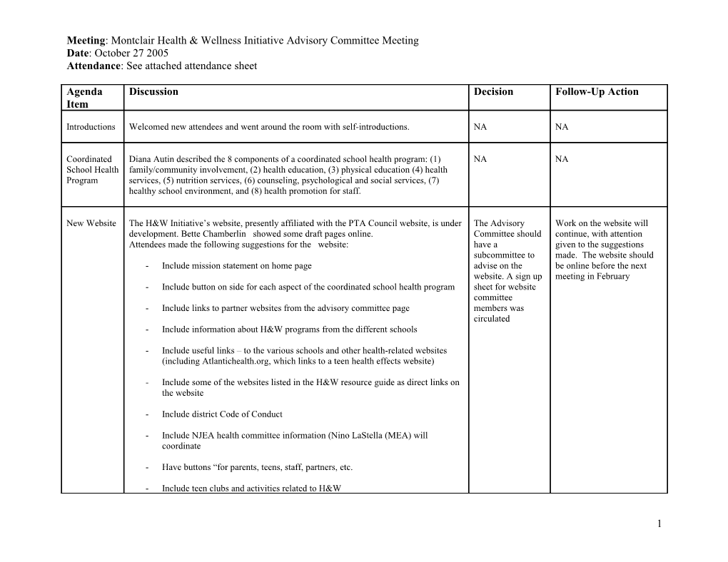 Meeting: Montclair Health & Wellness Initiative Advisory Committee Meeting