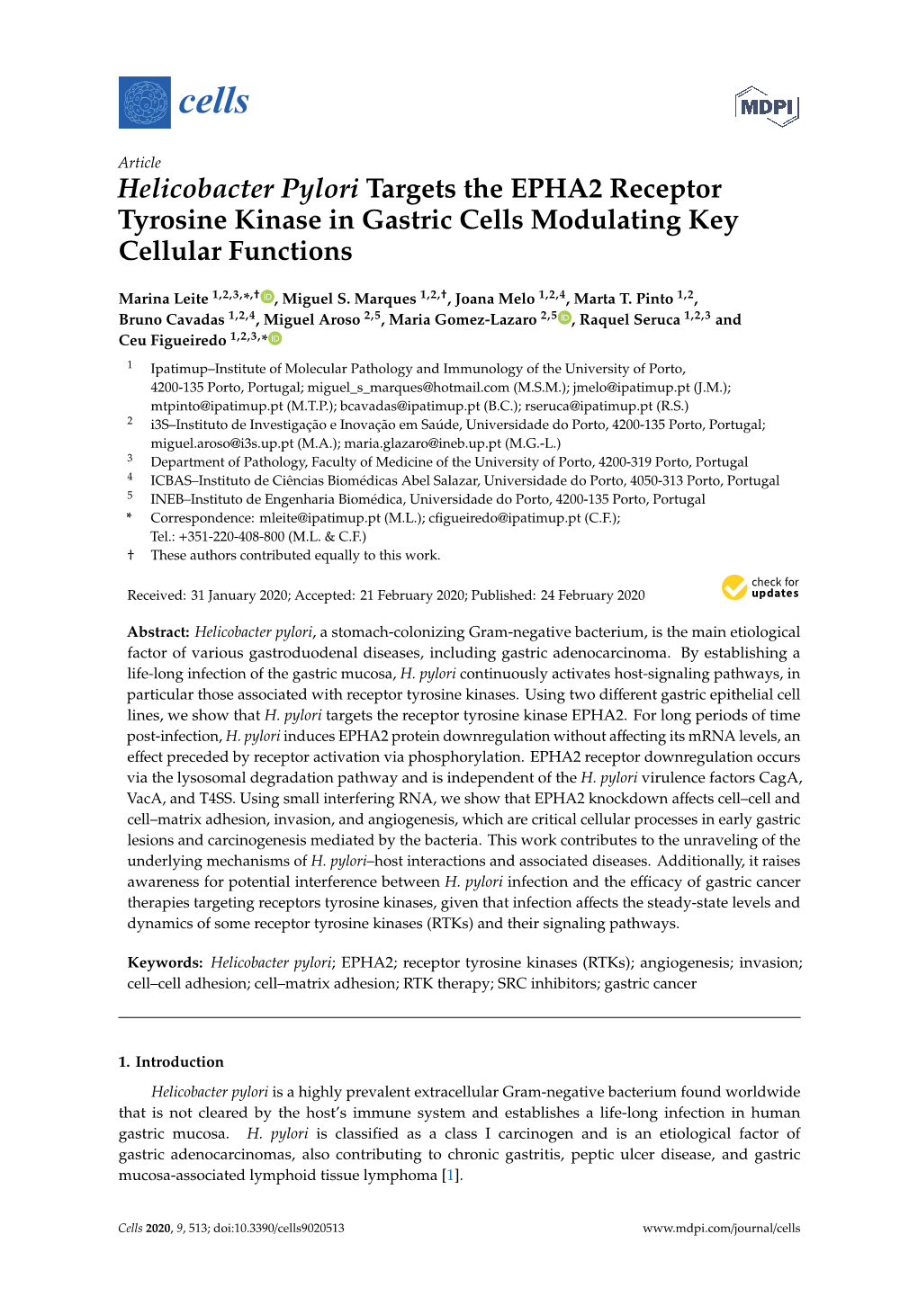 Helicobacter Pylori Targets the EPHA2 Receptor Tyrosine Kinase in Gastric Cells Modulating Key Cellular Functions