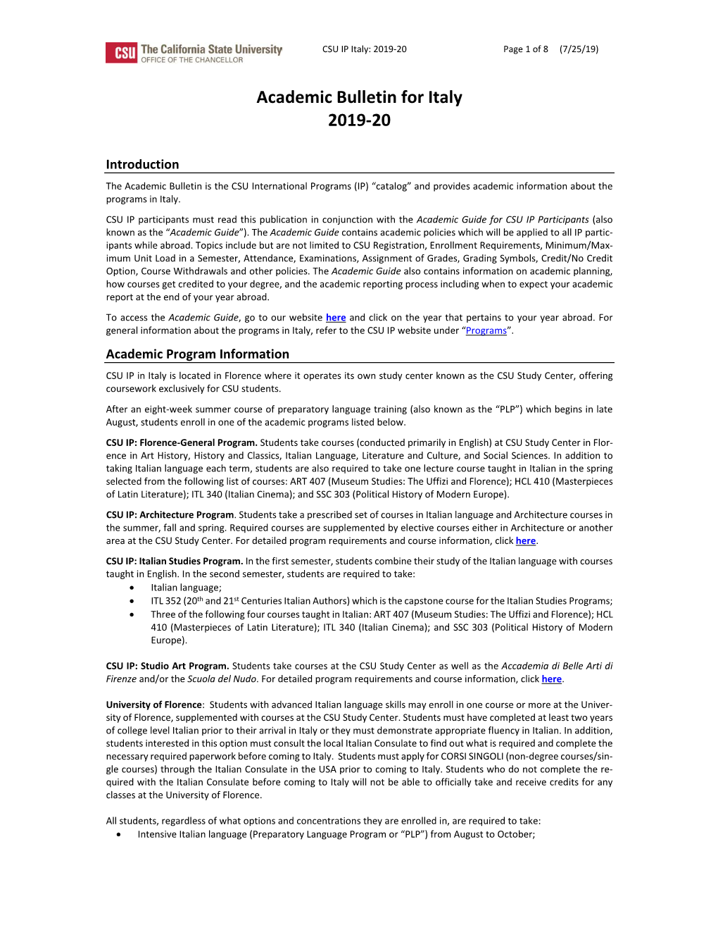 Academic Bulletin for Italy 2019-20