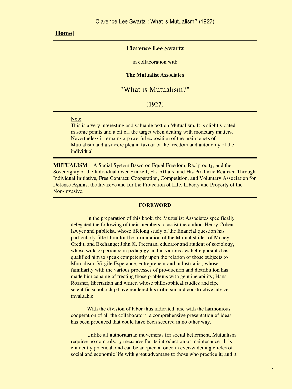 Clarence Lee Swartz : What Is Mutualism? (1927) [Home]