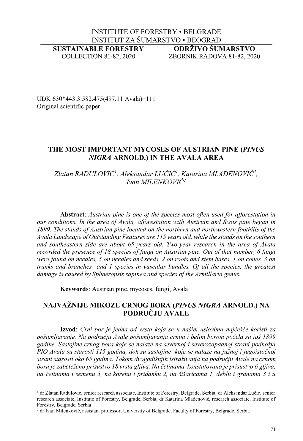 Institute of Forestry • Belgrade Institut Za Šumarstvo • Beograd Sustainable Forestry Održivo Šumarstvo Collection 81-82, 2020 Zbornik Radova 81-82, 2020