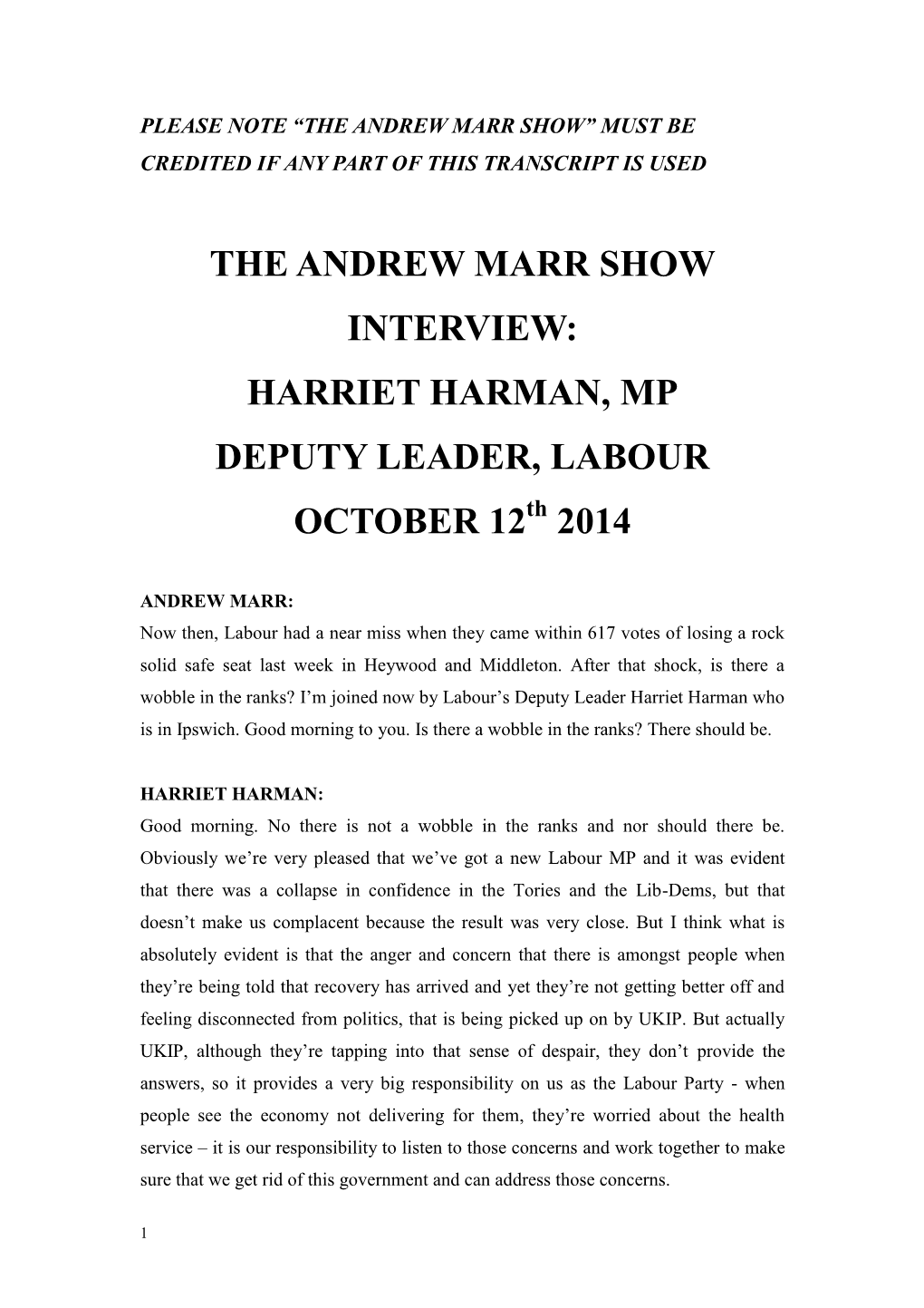 THE ANDREW MARR SHOW INTERVIEW: HARRIET HARMAN, MP DEPUTY LEADER, LABOUR OCTOBER 12Th 2014