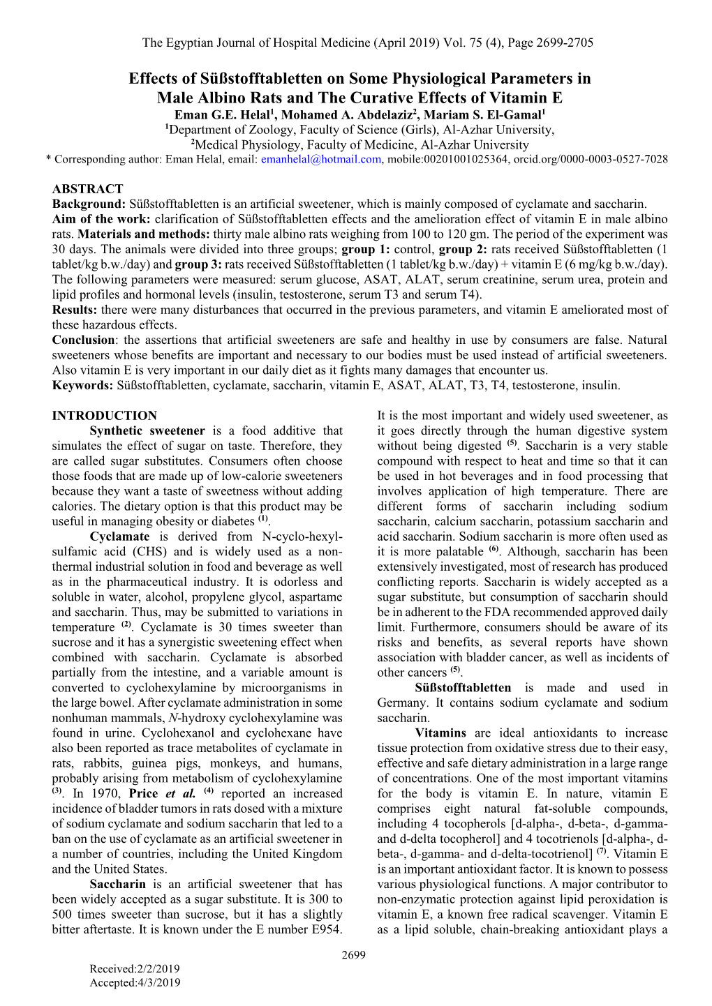 Effects of Süßstofftabletten on Some Physiological Parameters in Male Albino Rats and the Curative Effects of Vitamin E Eman G.E