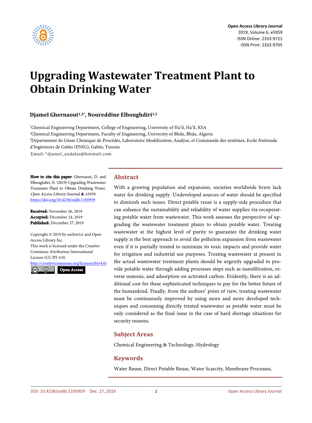 Upgrading Wastewater Treatment Plant to Obtain Drinking Water
