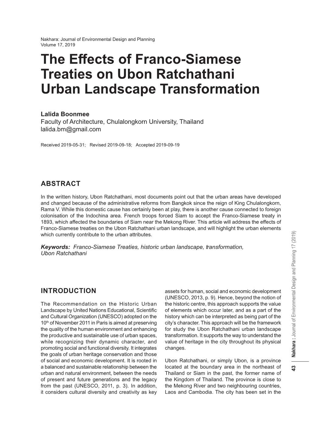 The Effects of Franco-Siamese Treaties on Ubon Ratchathani Urban Landscape Transformation