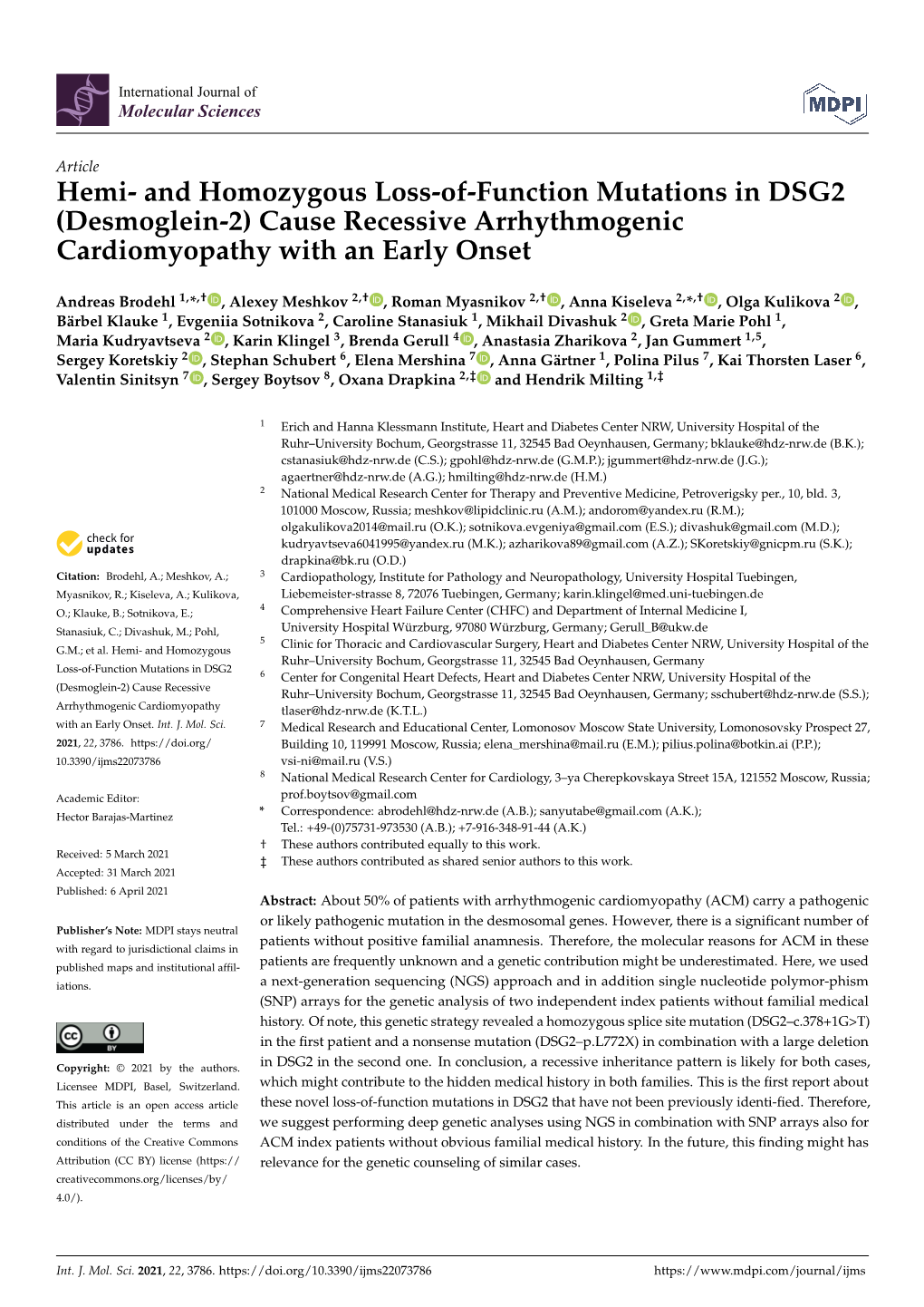 And Homozygous Loss-Of-Function Mutations in DSG2 (Desmoglein-2) Cause Recessive Arrhythmogenic Cardiomyopathy with an Early Onset