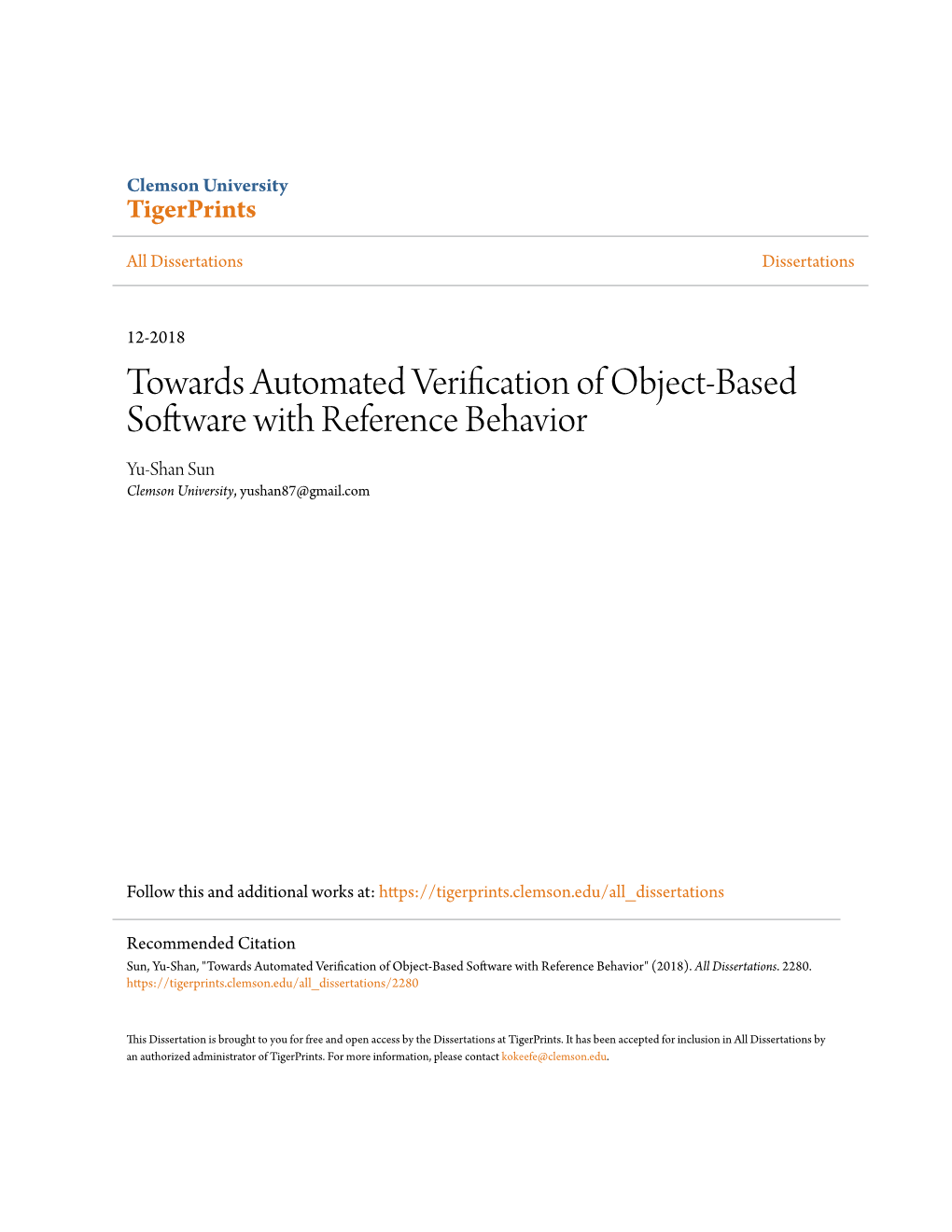 Towards Automated Verification of Object-Based Software with Reference Behavior Yu-Shan Sun Clemson University, Yushan87@Gmail.Com