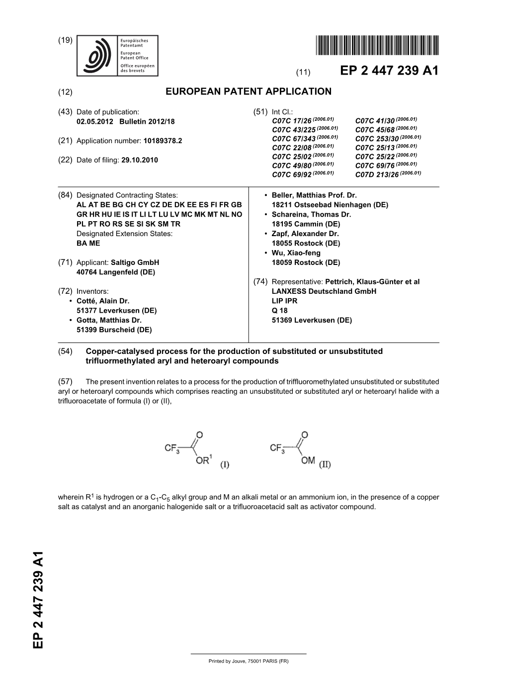 Copper-Catalysed Process for the Production of Substituted Or Unsubstituted Trifluormethylated Aryl and Heteroaryl Compounds
