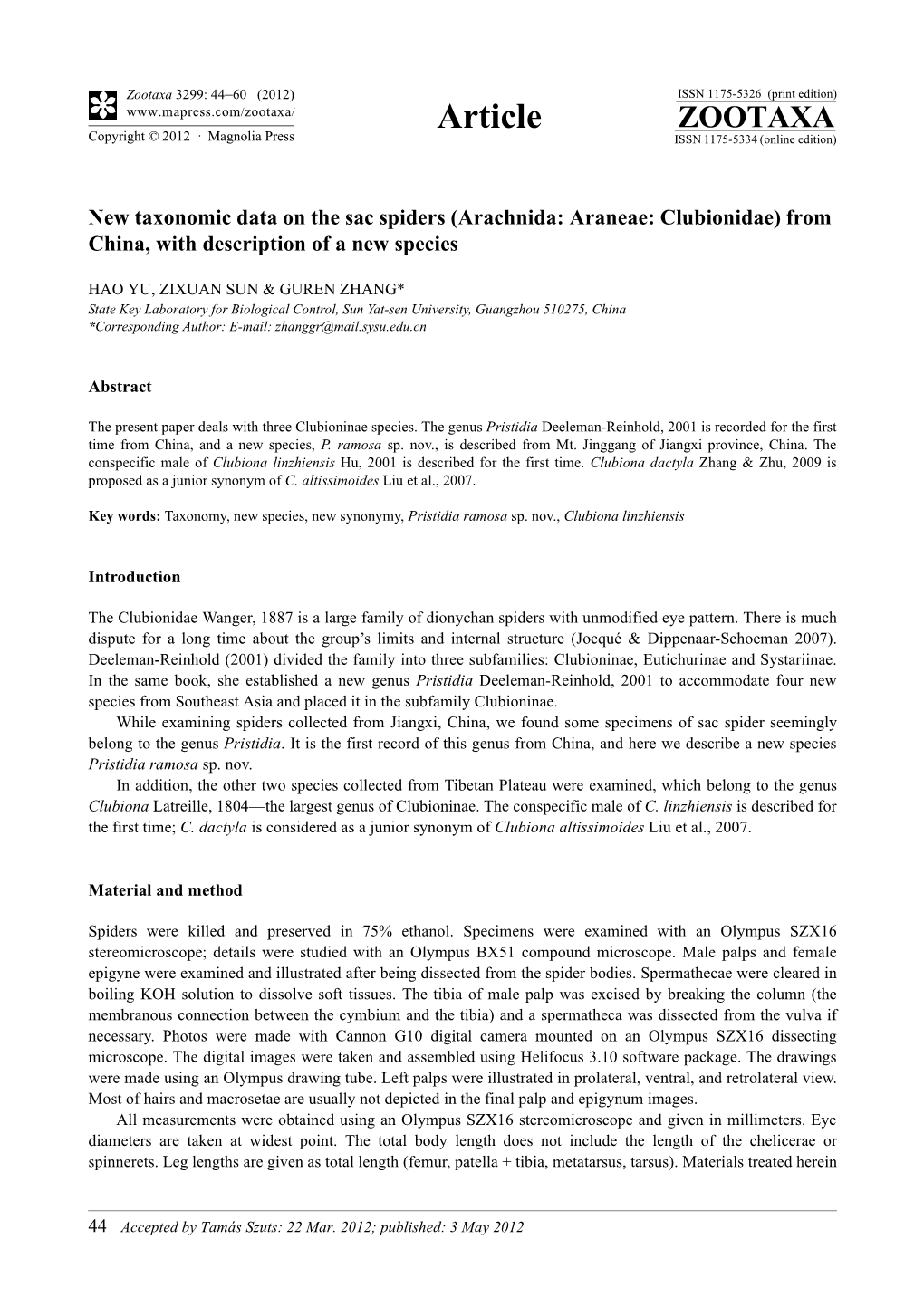 New Taxonomic Data on the Sac Spiders (Arachnida: Araneae: Clubionidae) from China, with Description of a New Species