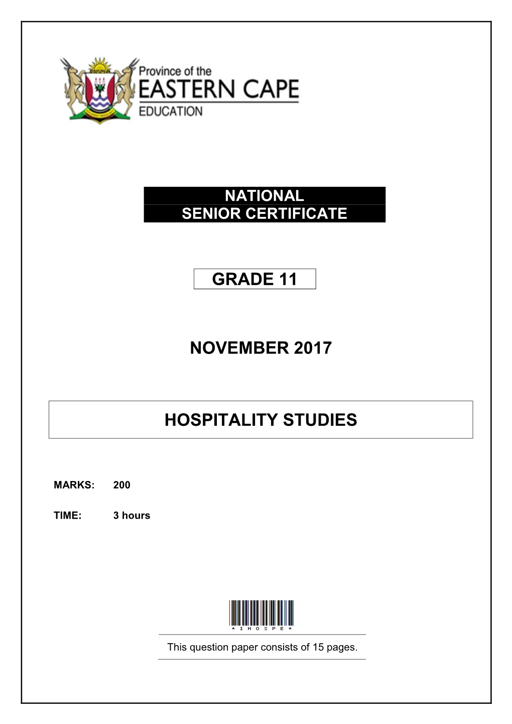 Grade 11 November 2017 Hospitality Studies
