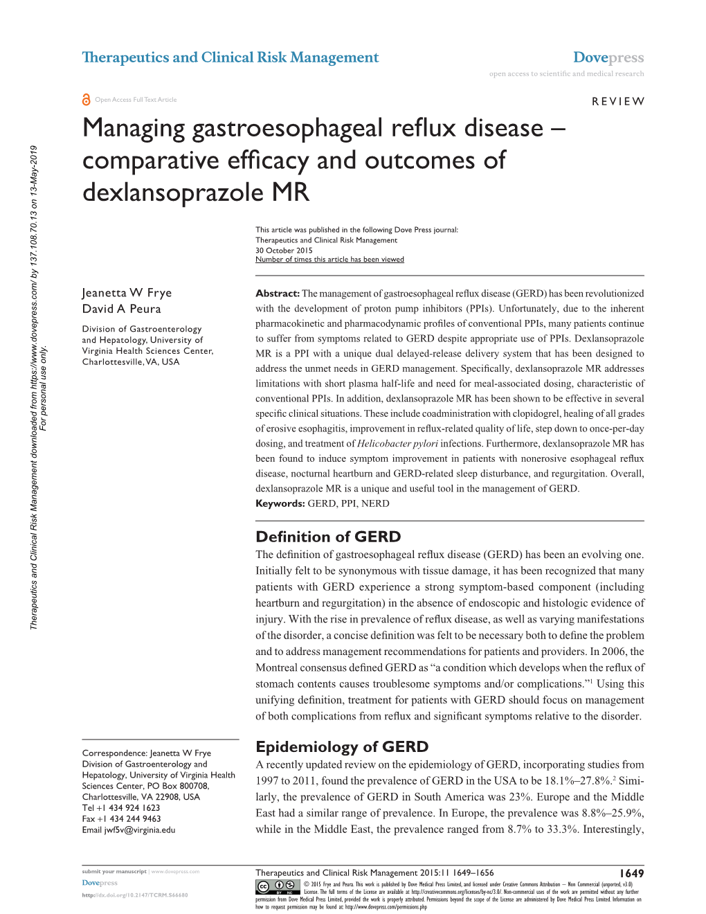 Managing Gastroesophageal Reflux Disease with Dexlansoprazole MR Open Access to Scientific and Medical Research DOI