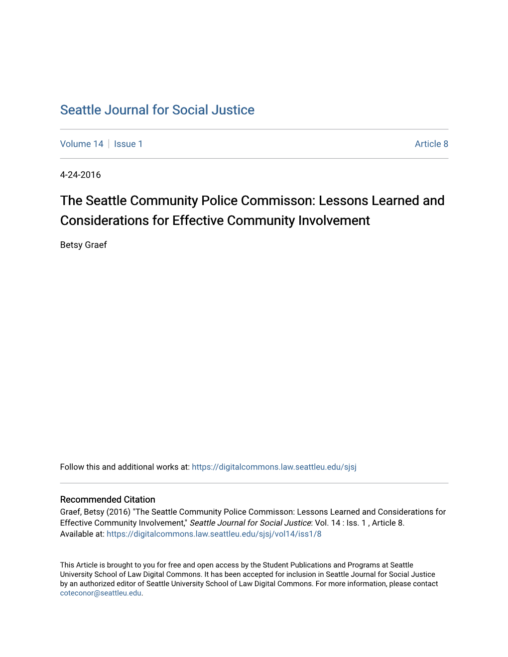 The Seattle Community Police Commisson: Lessons Learned and Considerations for Effective Community Involvement