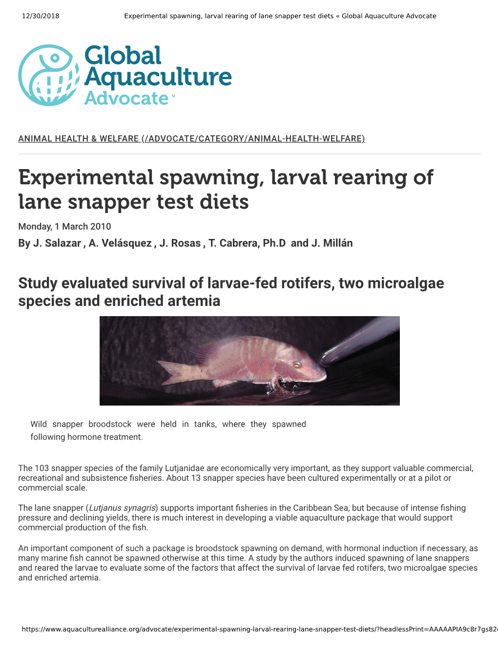 Experimental Spawning, Larval Rearing of Lane Snapper Test Diets « Global Aquaculture Advocate