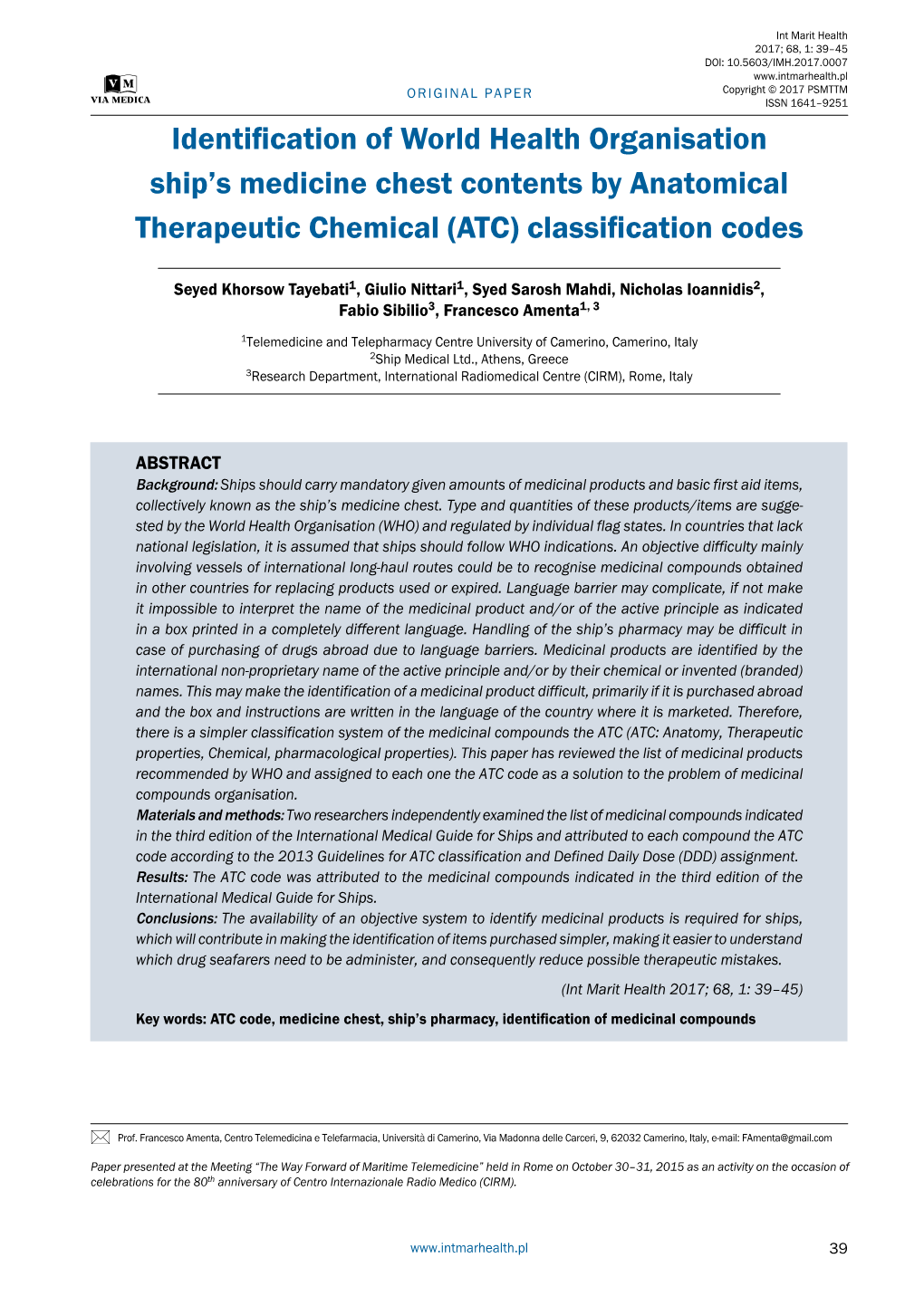 Identification of World Health Organisation Ship's Medicine Chest