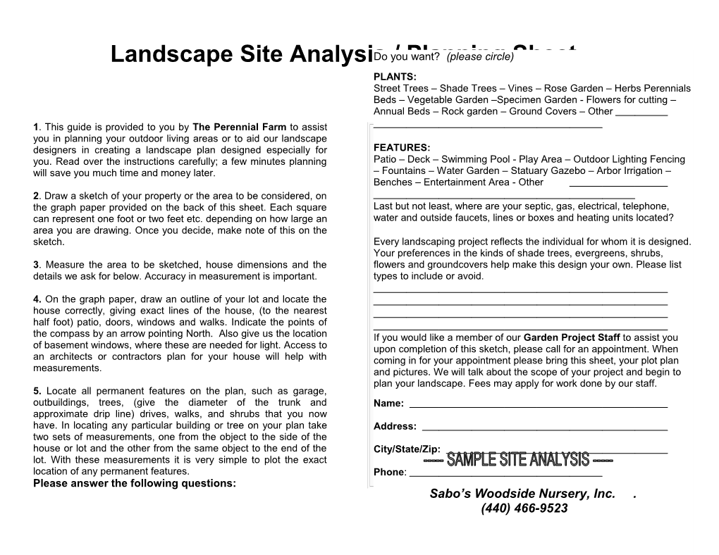 Landscape Site Analysis / Planning Sheet