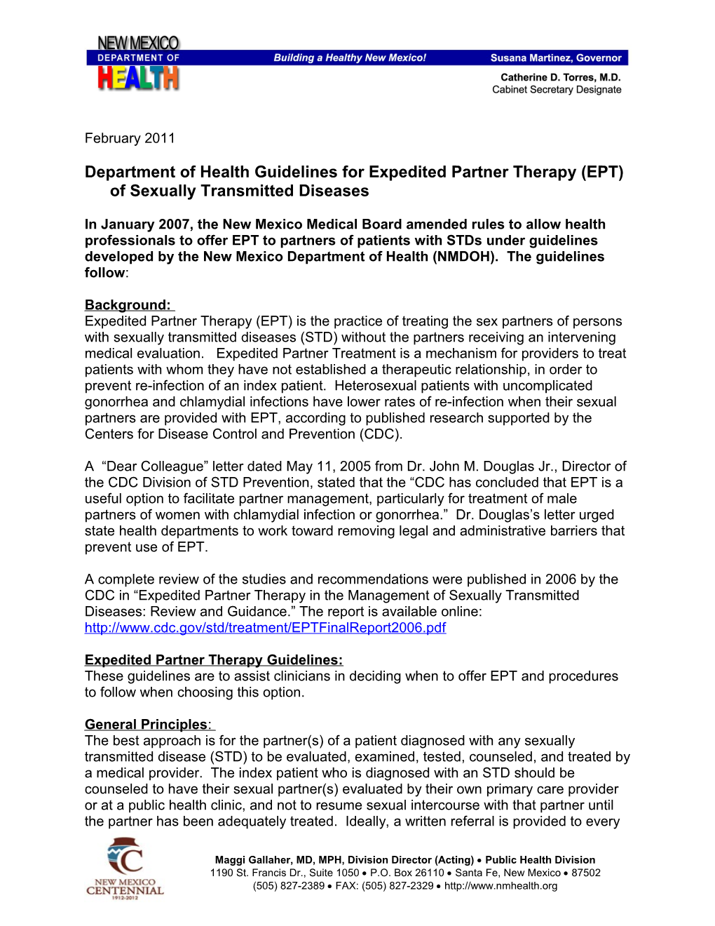 Department of Health Guidelines for Expedited Partner Therapy (EPT) of Sexually Transmitted