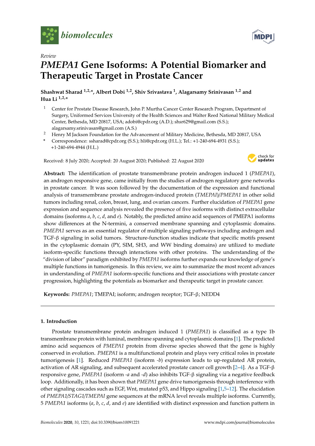 PMEPA1 Gene Isoforms: a Potential Biomarker and Therapeutic Target in Prostate Cancer