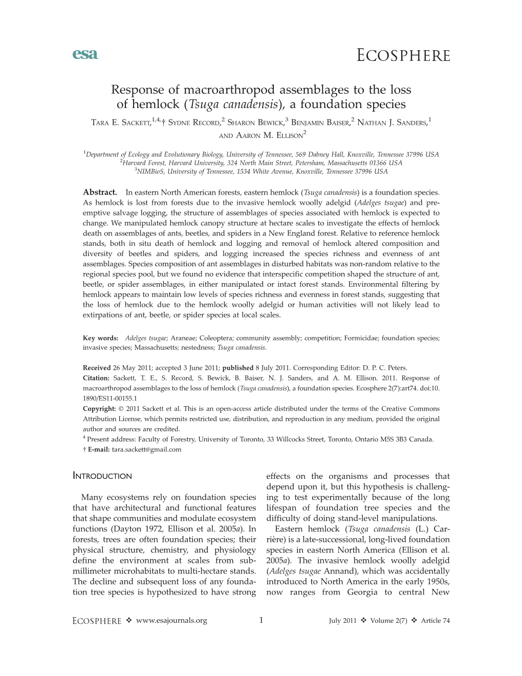 Response of Macroarthropod Assemblages to the Loss of Hemlock (Tsuga Canadensis), a Foundation Species 1,4, 2 3 2 1 TARA E