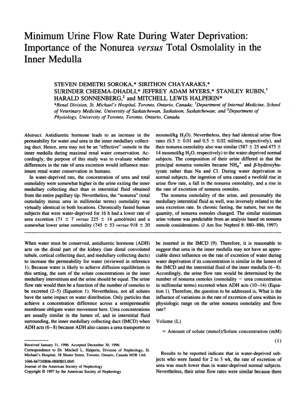 Minimum Urine Flow Rate During Water Deprivation: Importance of the Nonurea Versus Total Osmolality in the Inner Medulla