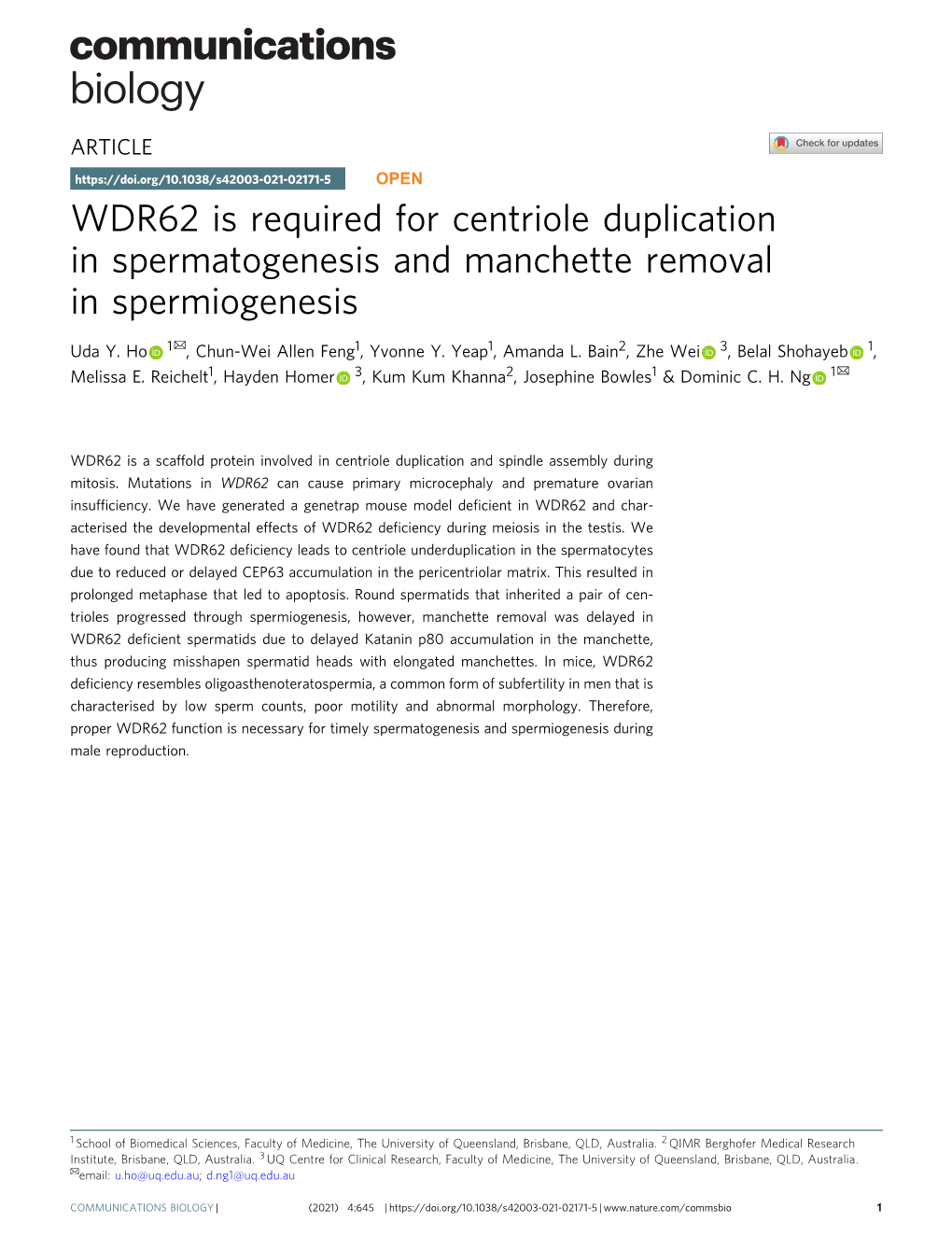 WDR62 Is Required for Centriole Duplication in Spermatogenesis and Manchette Removal in Spermiogenesis ✉ Uda Y