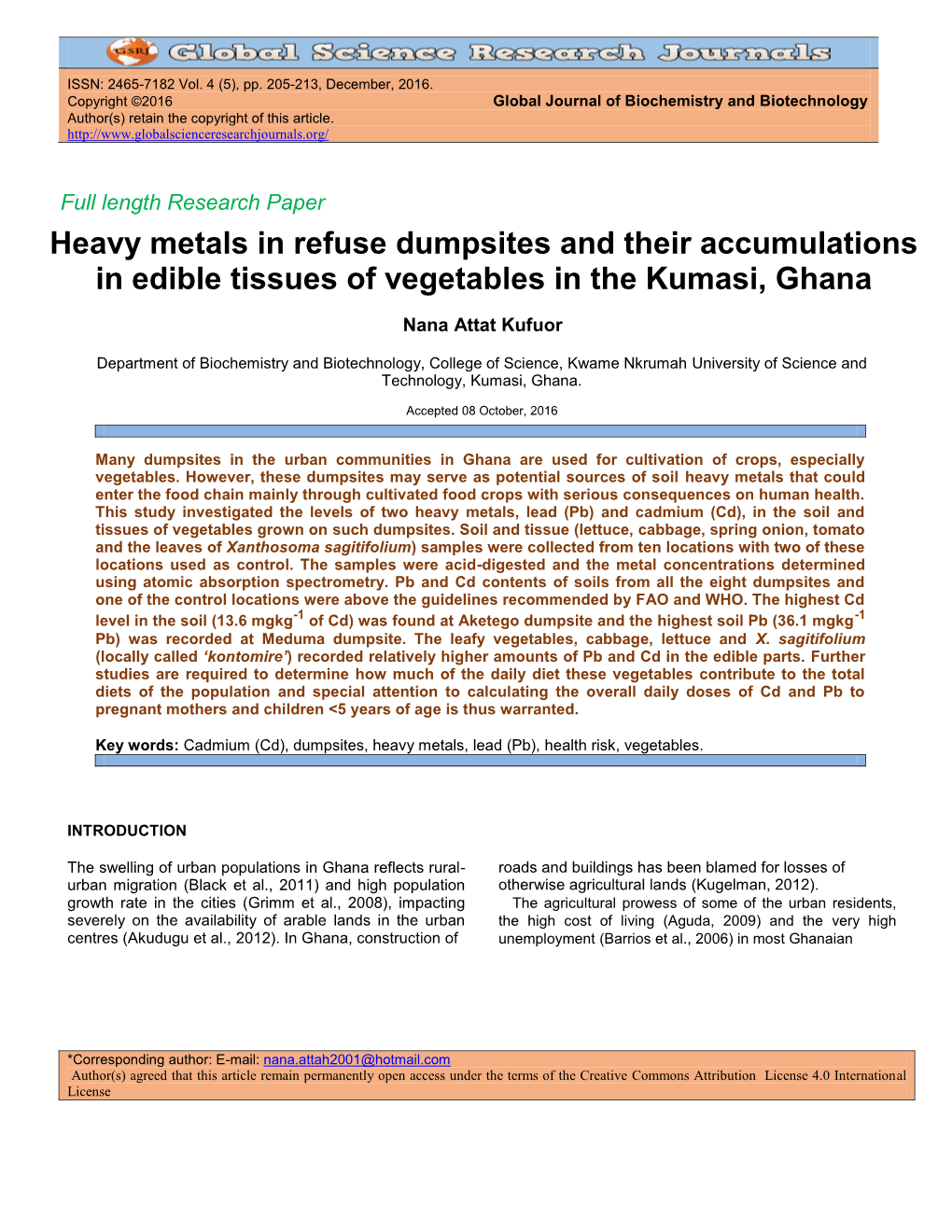 Heavy Metals in Refuse Dumpsites and Their Accumulations in Edible Tissues of Vegetables in the Kumasi, Ghana