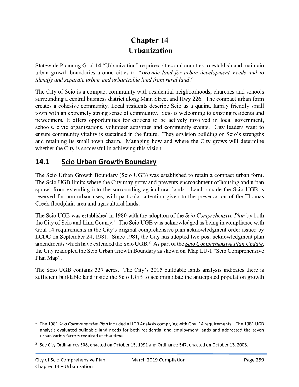 Chapter 14 Urbanization 14.1 Scio Urban Growth Boundary