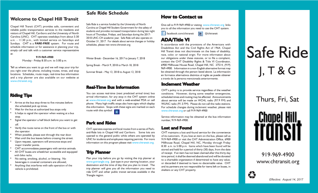 Safe Ride Schedule Welcome to Chapel Hill Transit How to Contact Us