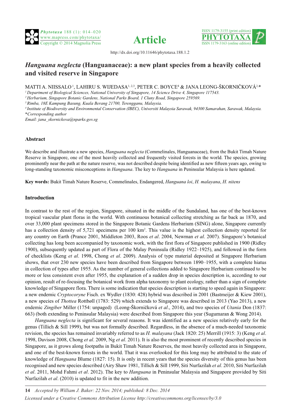 Hanguana Neglecta (Hanguanaceae): a New Plant Species from a Heavily Collected and Visited Reserve in Singapore