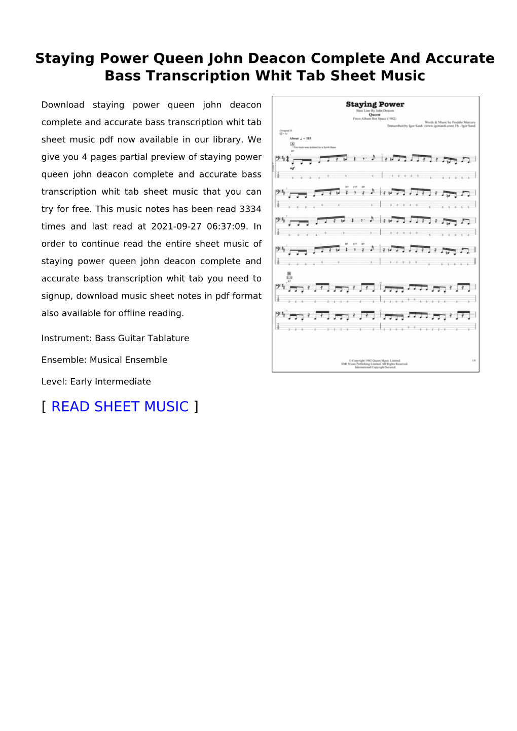 Staying Power Queen John Deacon Complete and Accurate Bass Transcription Whit Tab Sheet Music