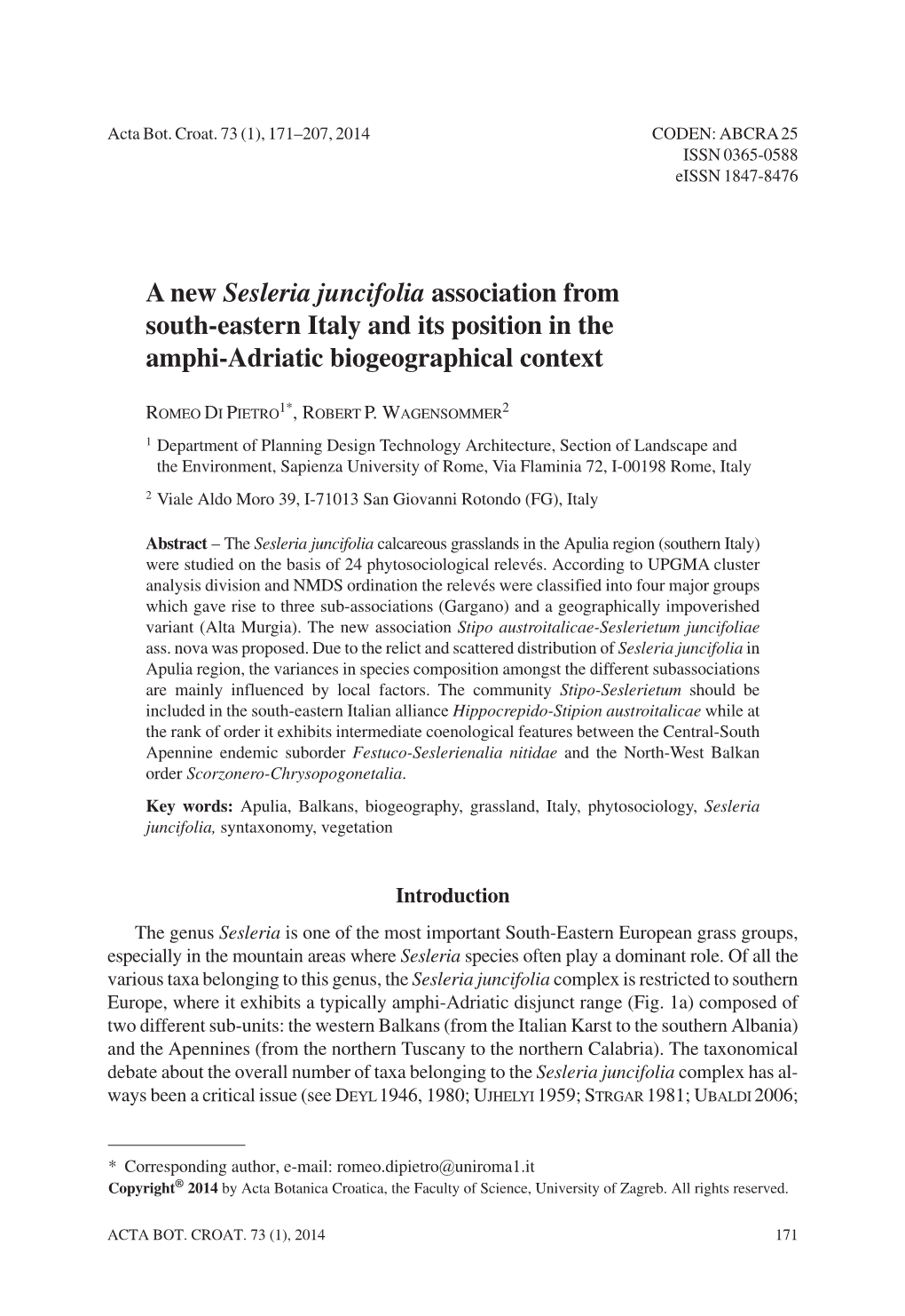 A New Sesleria Juncifolia Association from South-Eastern Italy and Its