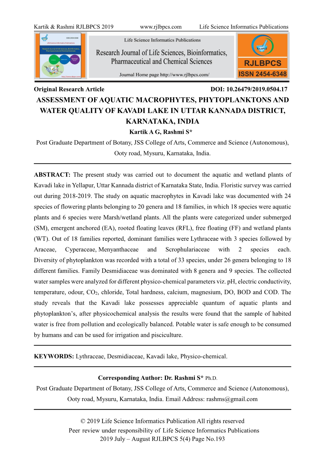 Assessment of Aquatic Macrophytes, Phytoplanktons and Water Quality Of