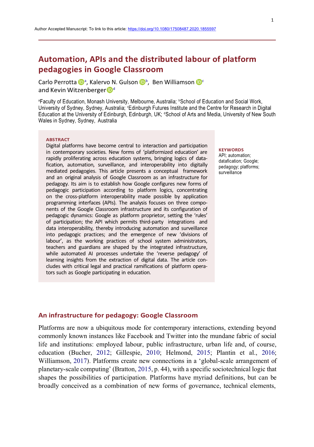 Automation, Apis and the Distributed Labour of Platform Pedagogies in Google Classroom