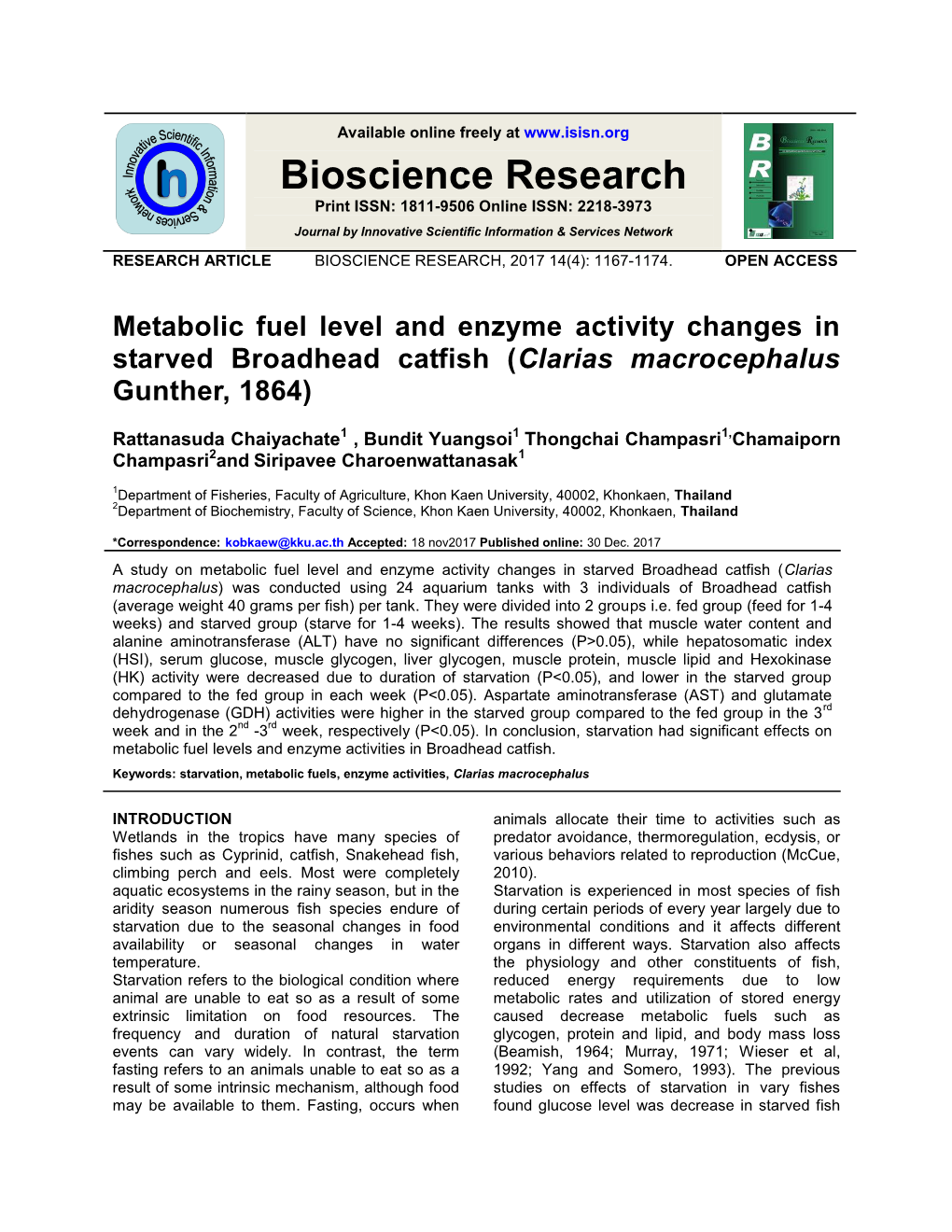 Metabolic Fuel Level and Enzyme Activity Changes in Starved Broadhead Catfish (Clarias Macrocephalus Gunther, 1864)