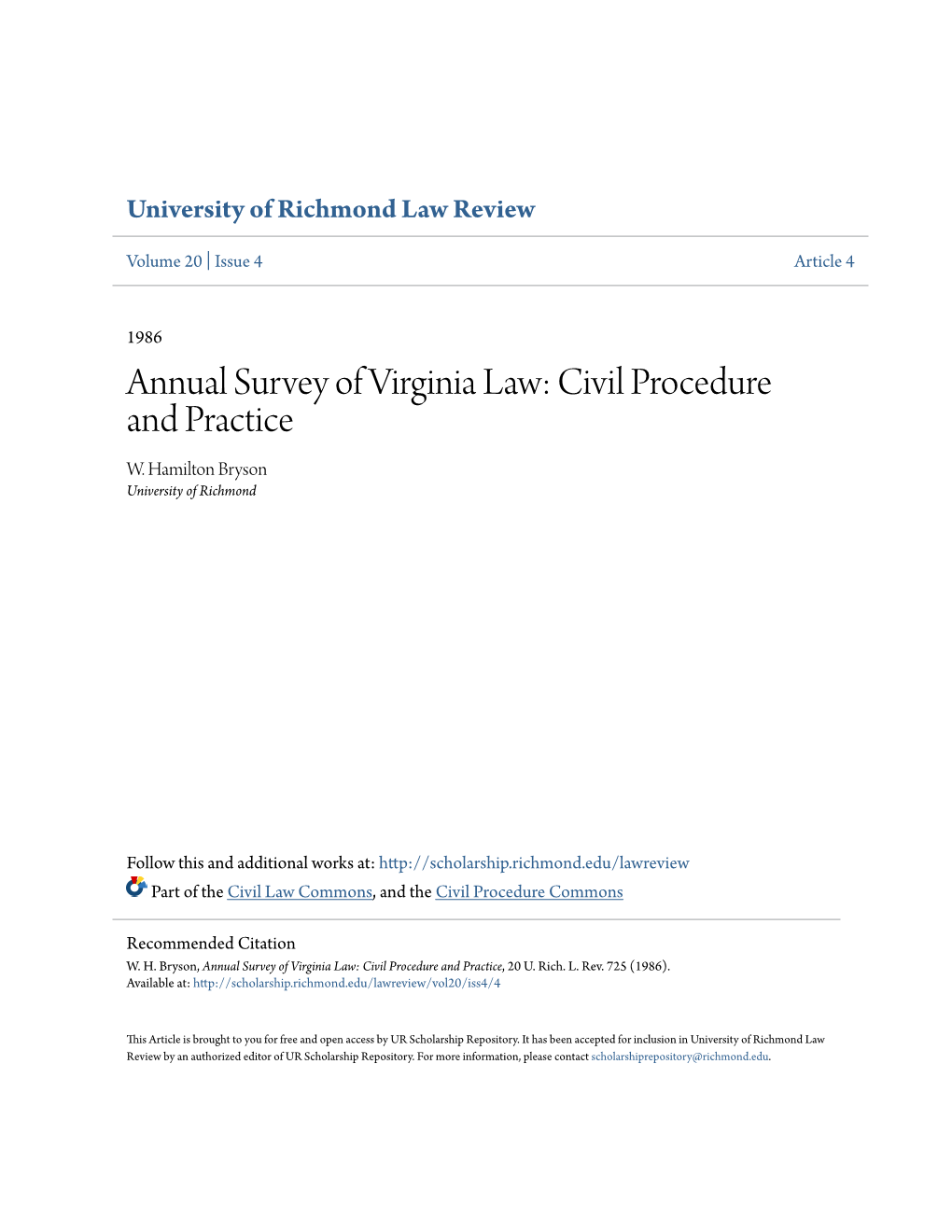 Annual Survey of Virginia Law: Civil Procedure and Practice W