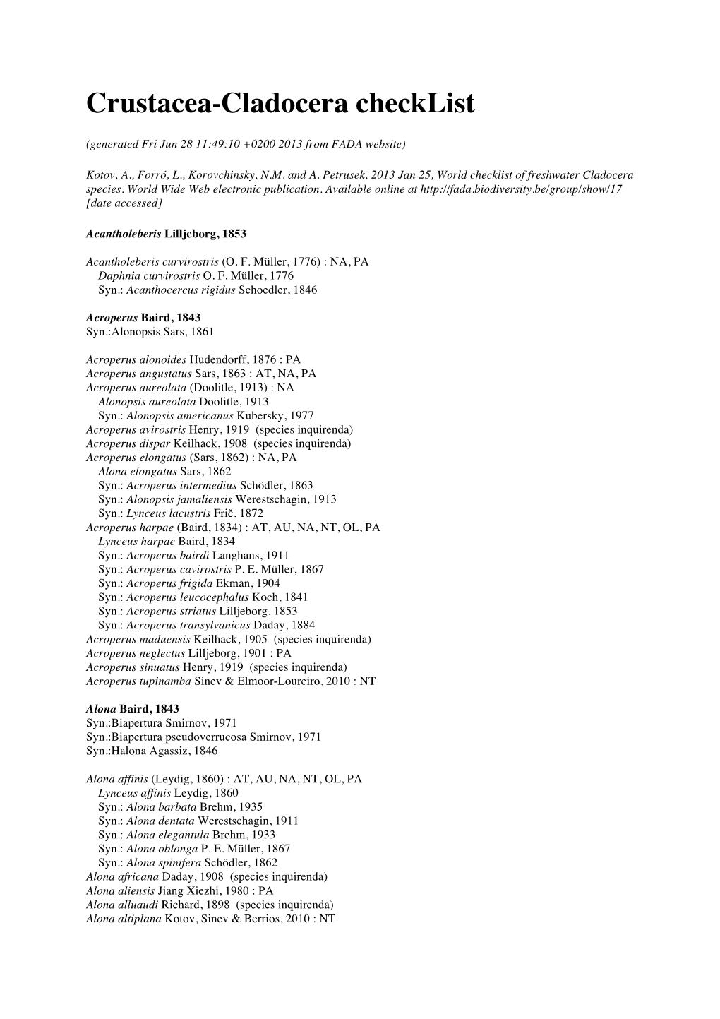 Crustacea-Cladocera Checklist