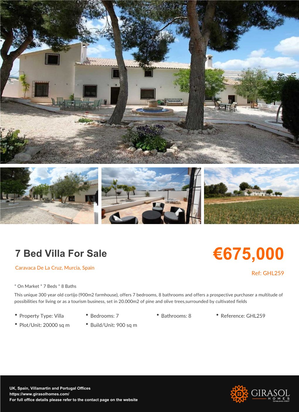 7 Bed Villa for Sale €675,000 Caravaca De La Cruz, Murcia, Spain Ref: GHL259