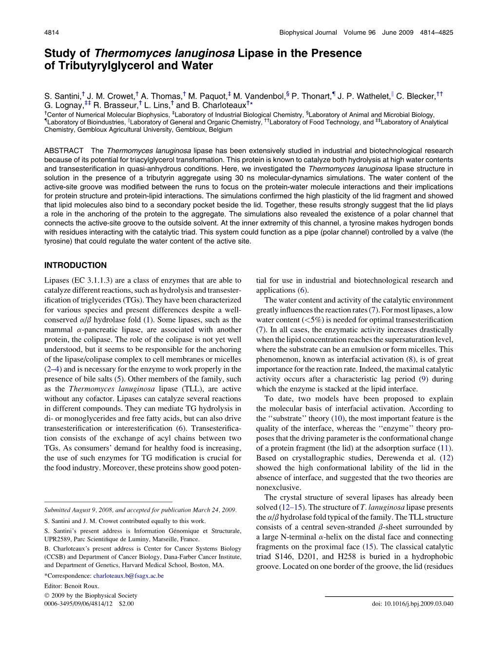 Study of Thermomyces Lanuginosa Lipase in the Presence of Tributyrylglycerol and Water