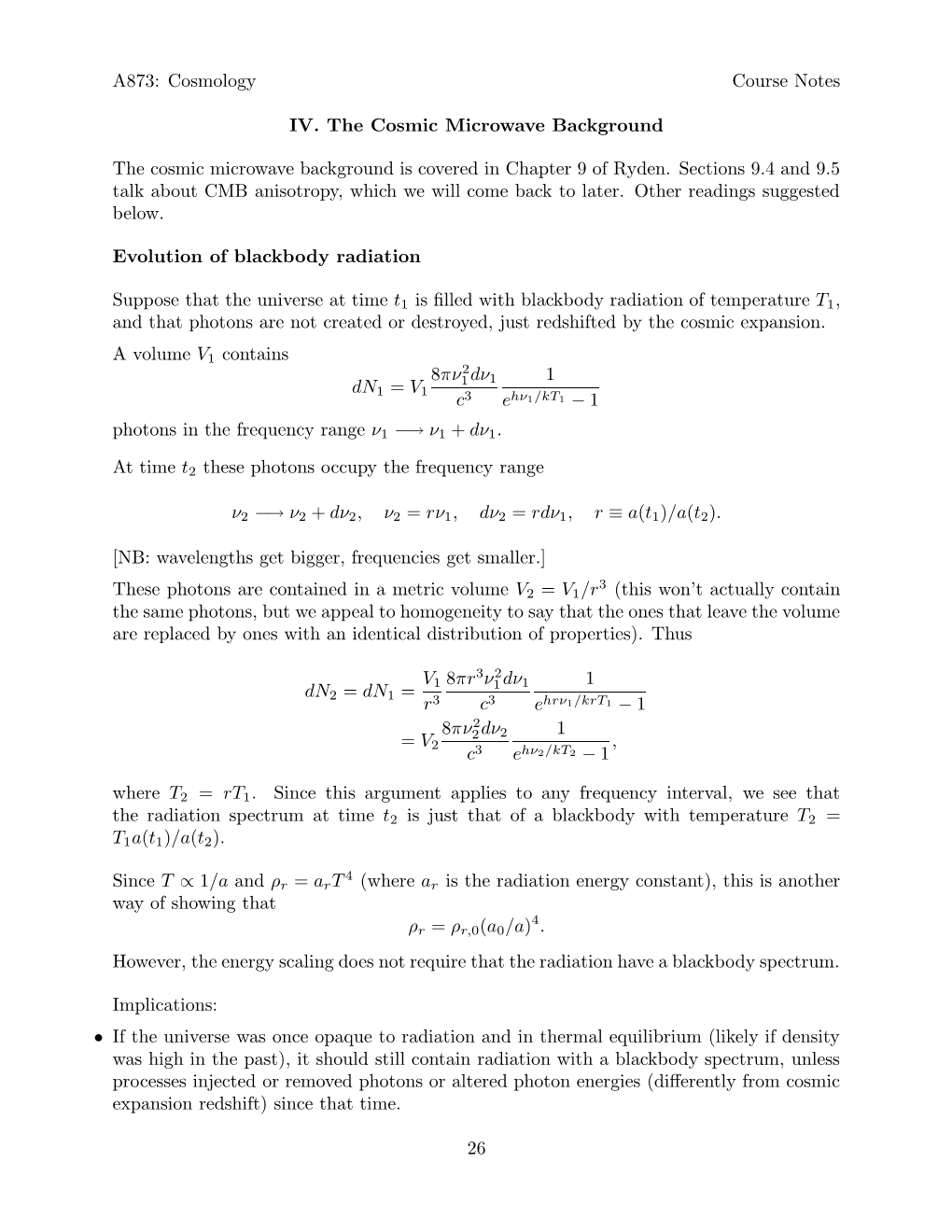 Cosmology Course Notes IV. the Cosmic Microwave Background