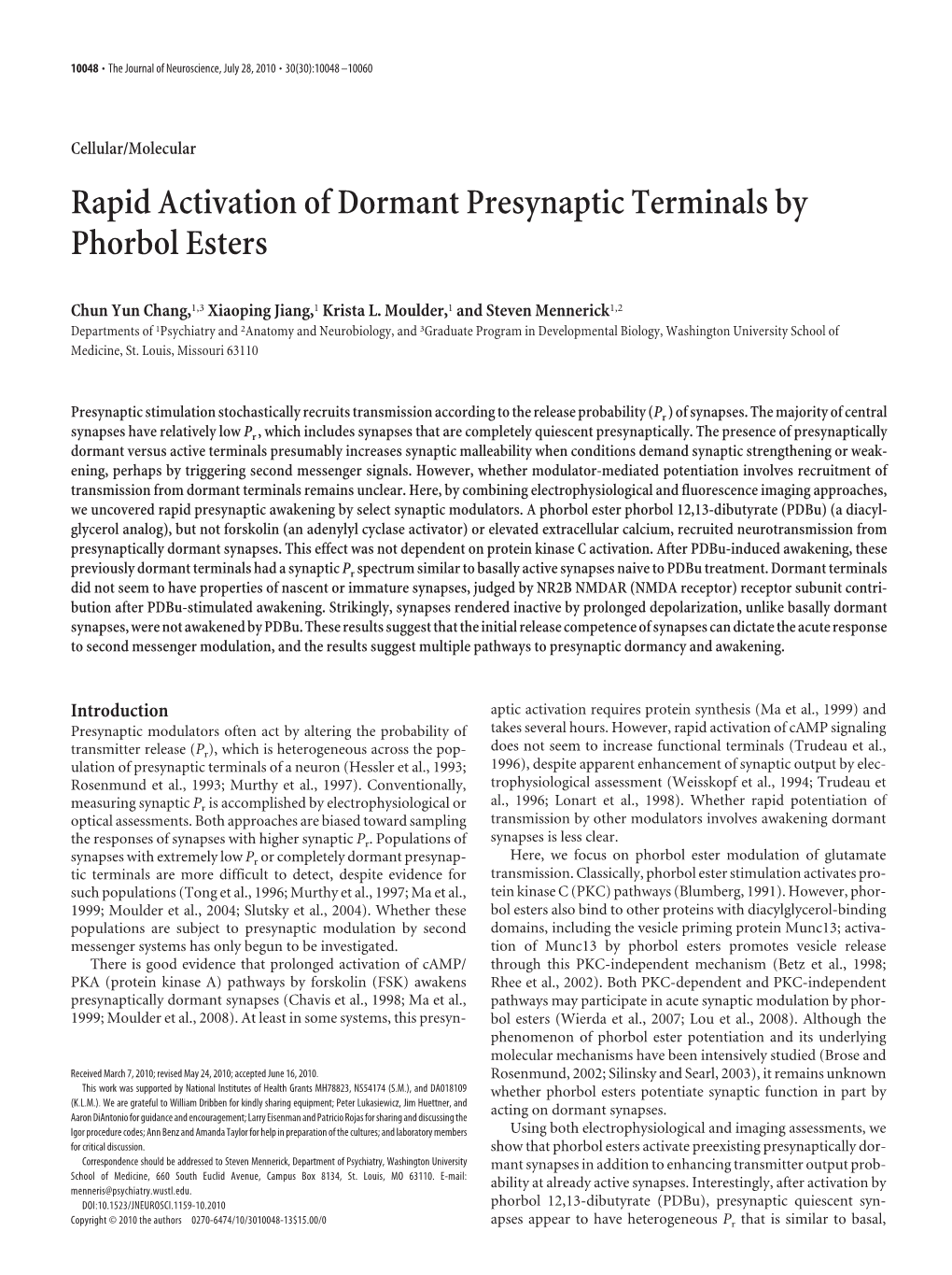 Rapid Activation of Dormant Presynaptic Terminals by Phorbol Esters