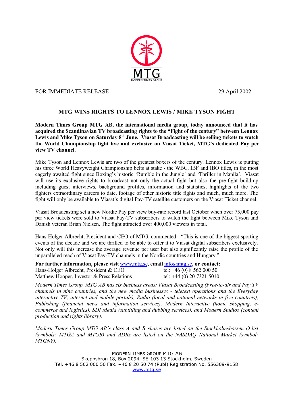Mtg Wins Rights to Lennox Lewis / Mike Tyson Fight