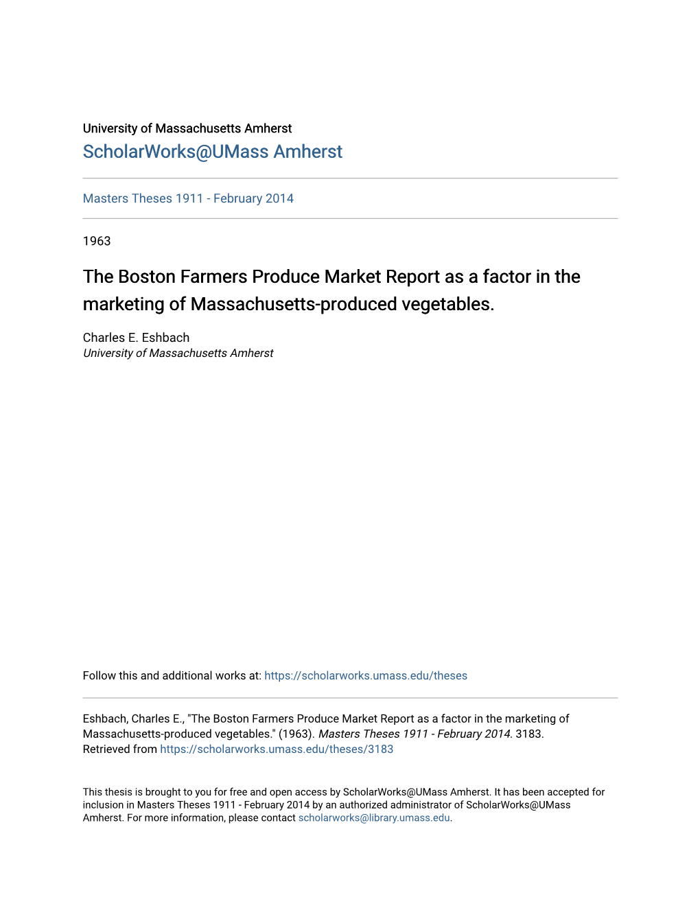 The Boston Farmers Produce Market Report As a Factor in the Marketing of Massachusetts-Produced Vegetables