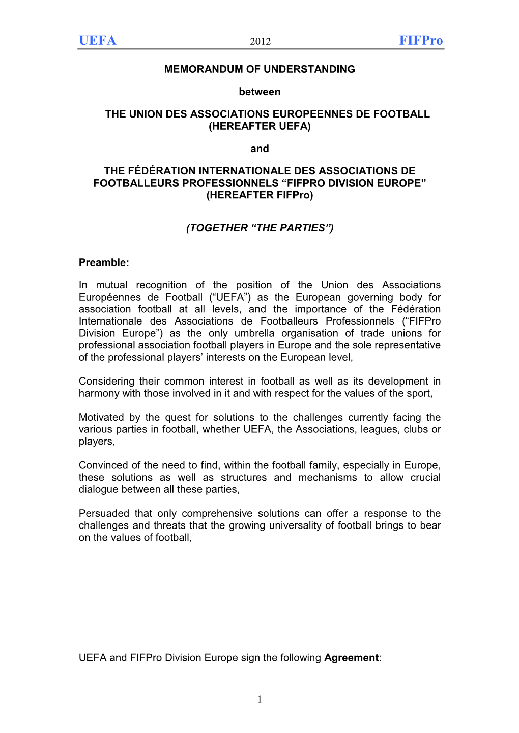 Memorandum of Understanding UEFA/Fifpro Division Europe