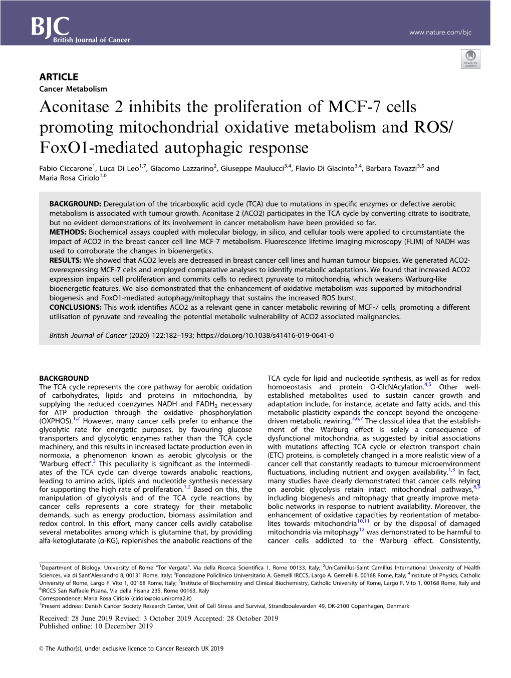 Aconitase 2 Inhibits the Proliferation of MCF-7 Cells Promoting Mitochondrial Oxidative Metabolism and ROS/ Foxo1-Mediated Autophagic Response