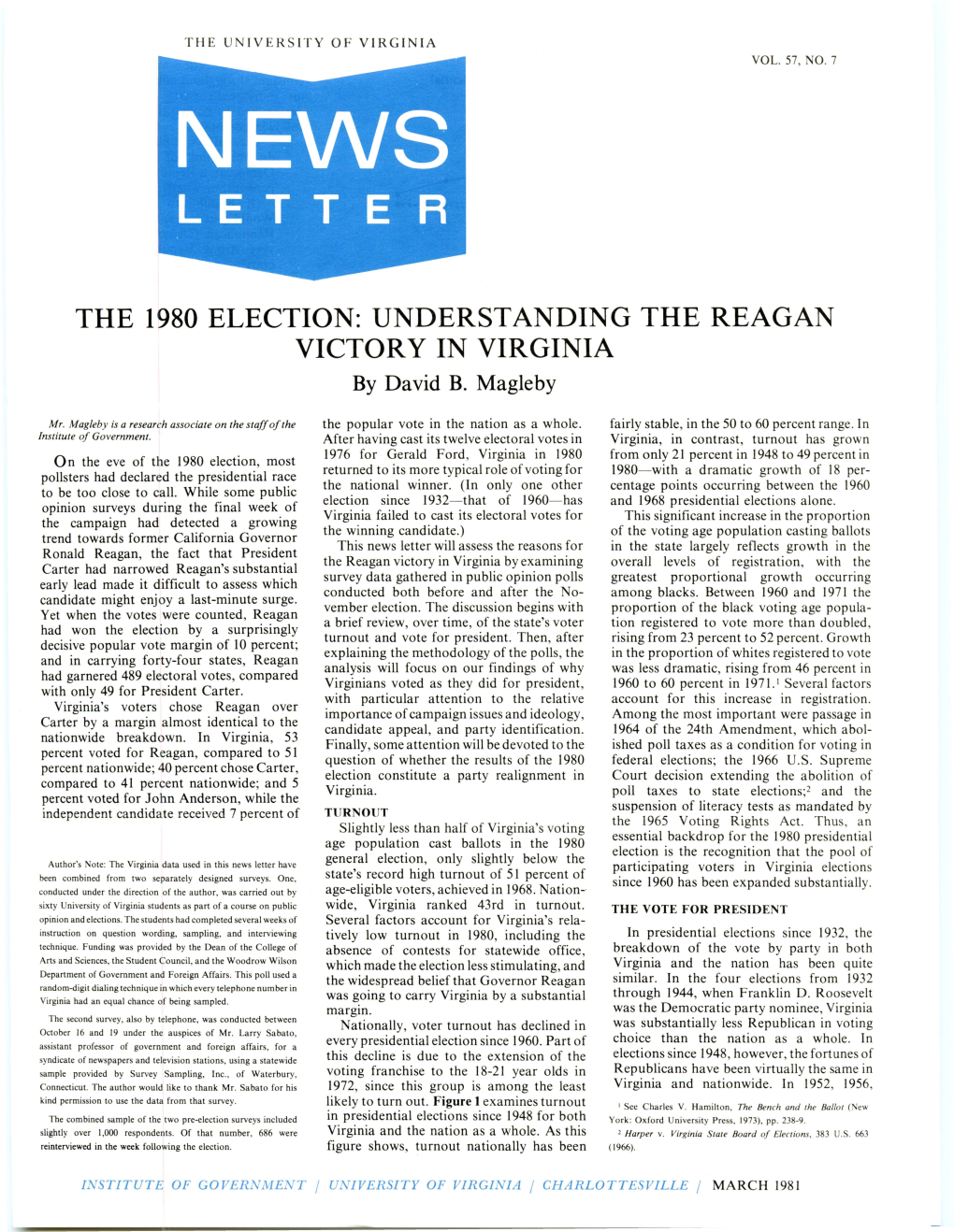 THE 1980 ELECTION: UNDERSTANDING the REAGAN VICTORY in VIRGINIA by David B