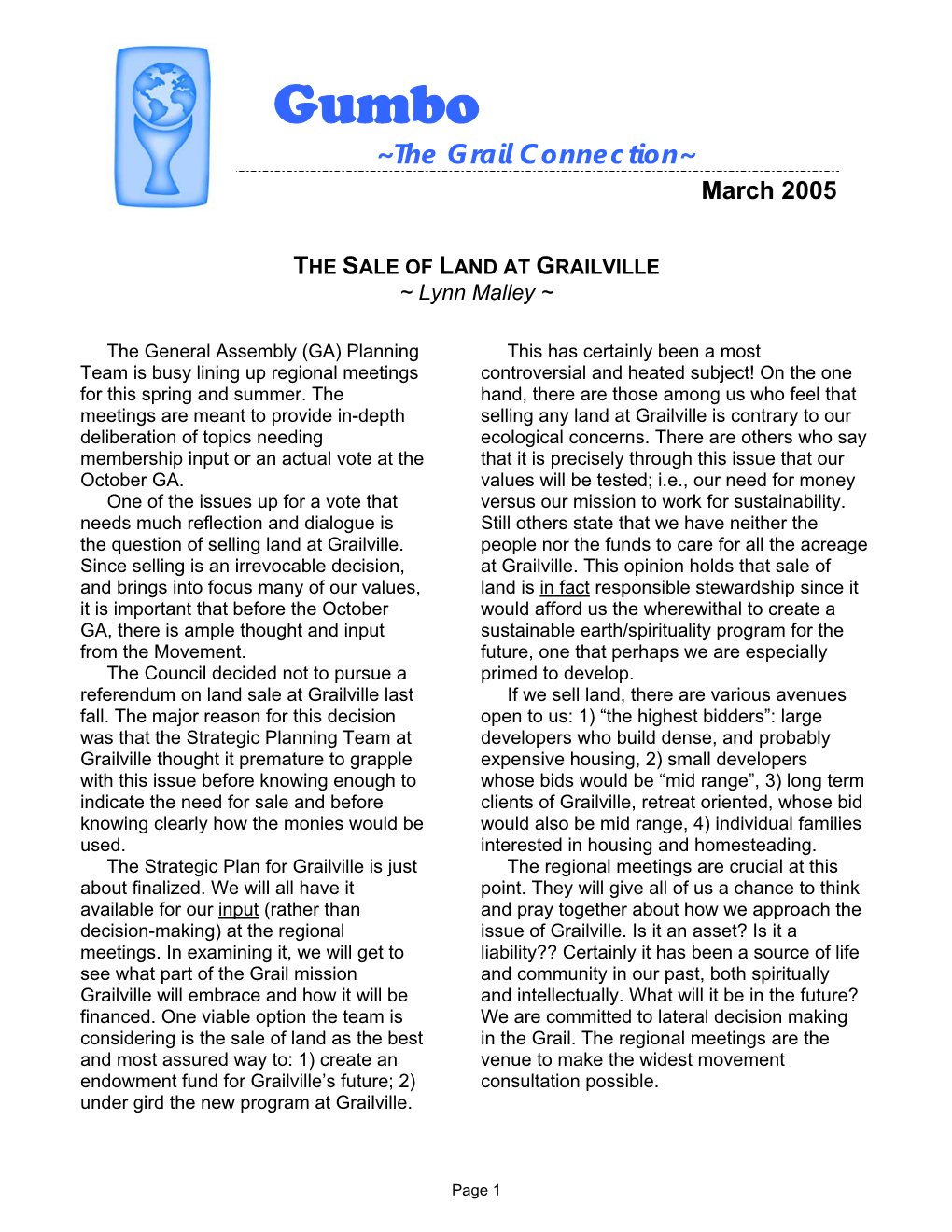 Grail Retreat Article for Gumbo, the Grail Connection 5/4/04
