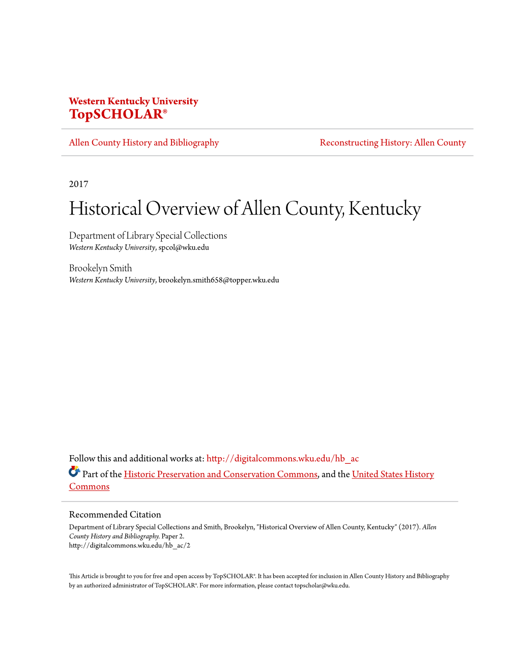 Historical Overview of Allen County, Kentucky Department of Library Special Collections Western Kentucky University, Spcol@Wku.Edu